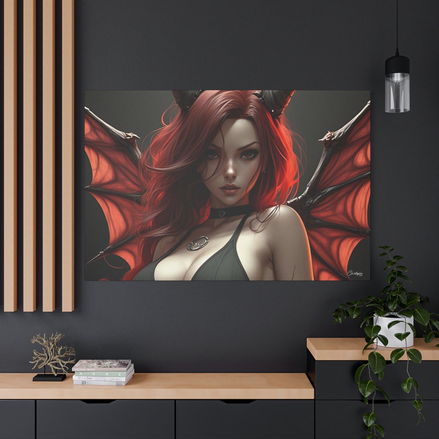 Gothic Fantasy Canvas Art, Demon Girl Wall Decor, Unique Home Decor, Gift for Her, Halloween or Birthday Gift