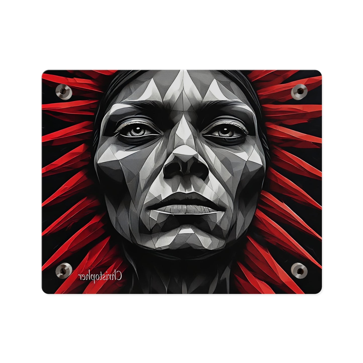 Acrylic Wall Art Panel — Geometric Tribal Face with Red Feather Headdress