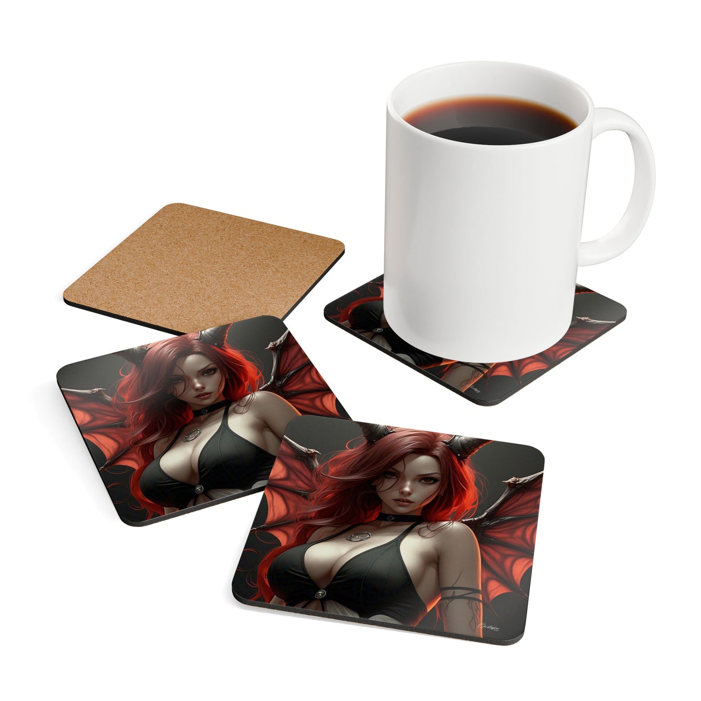 Stylish Demon Artwork Cork Coaster Set | Unique Home Decor | Gift for Fantasy Fans | Halloween Accessories | Protective Drink Coasters