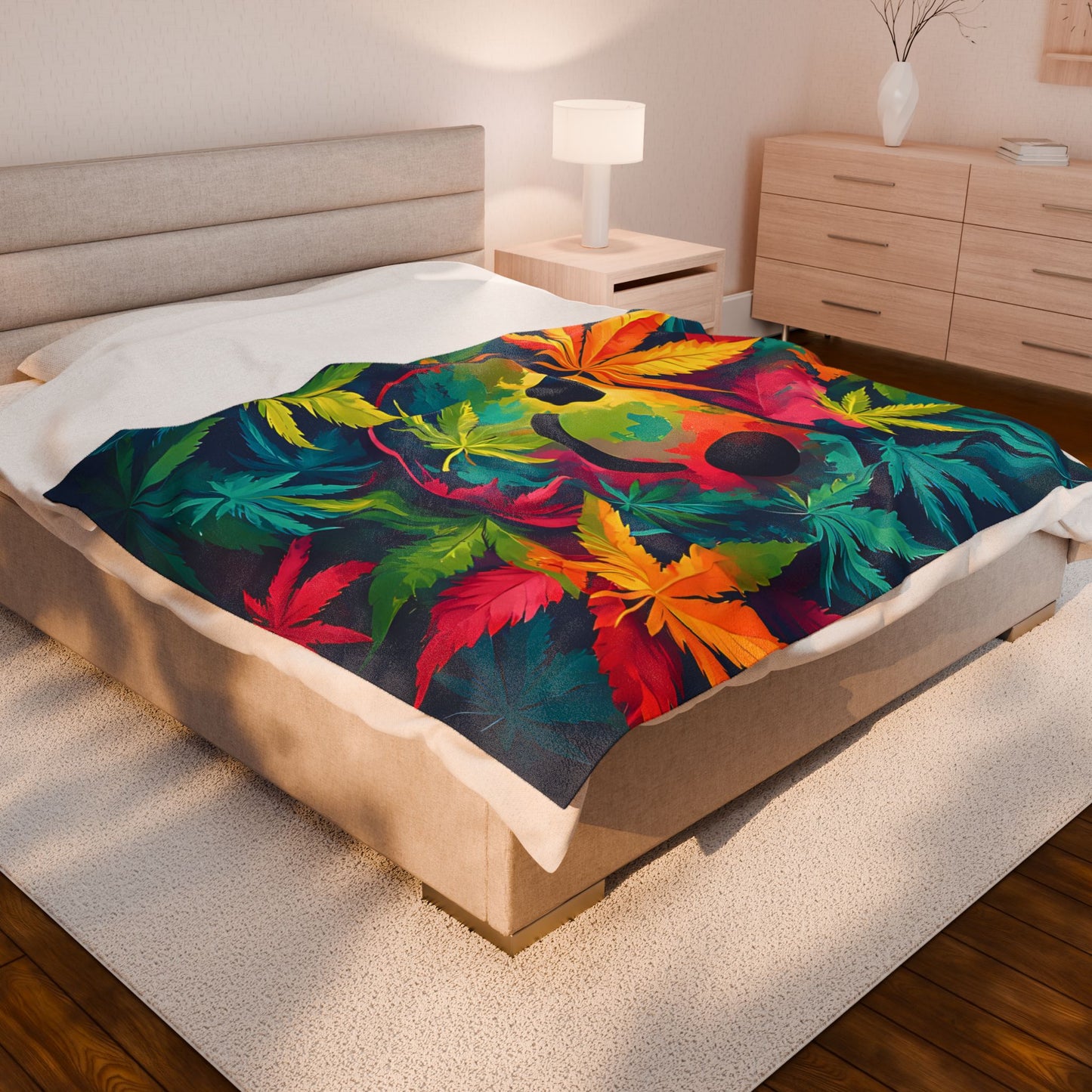 Velveteen Plush Blanket — Tie-Dye Smiley Face with Colorful Cannabis Leaves