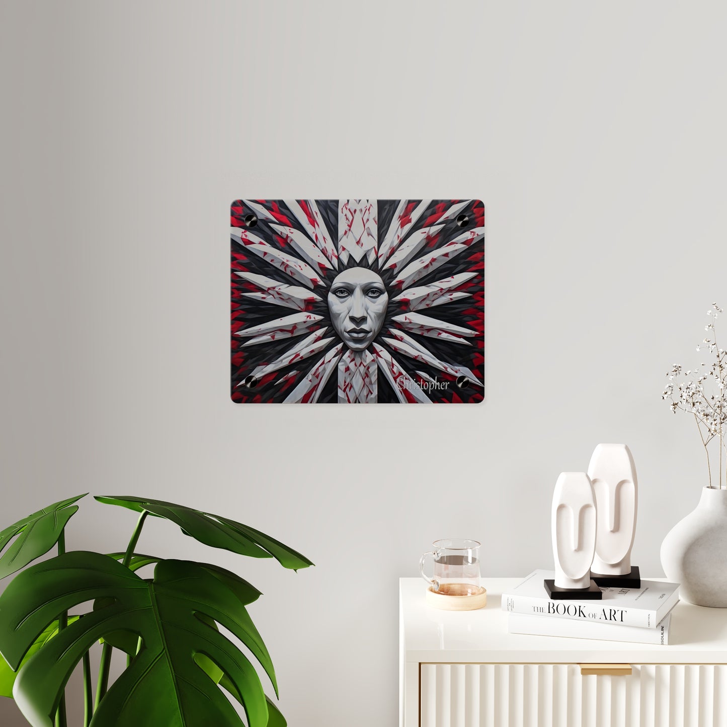 Acrylic Wall Art Panel — Surreal Sunburst Face with Red & Black Feather Design