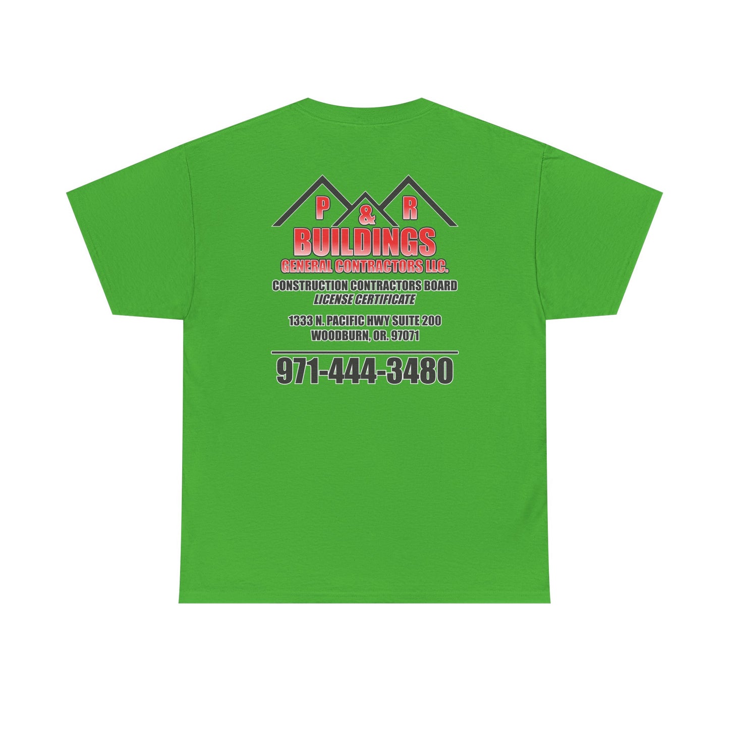 P&R BUILDINGS Logo Tee — Built Kings Contractor T‑Shirt (Phone & License Info on Back)