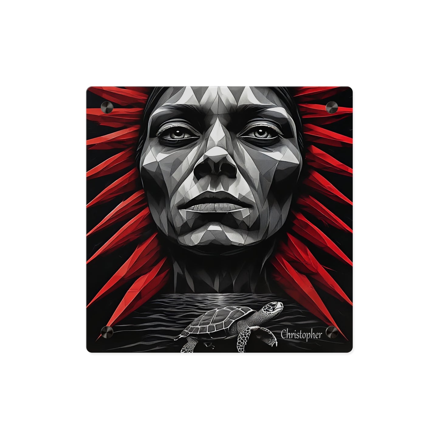 Acrylic Wall Art Panel — Geometric Tribal Face with Red Feather Headdress