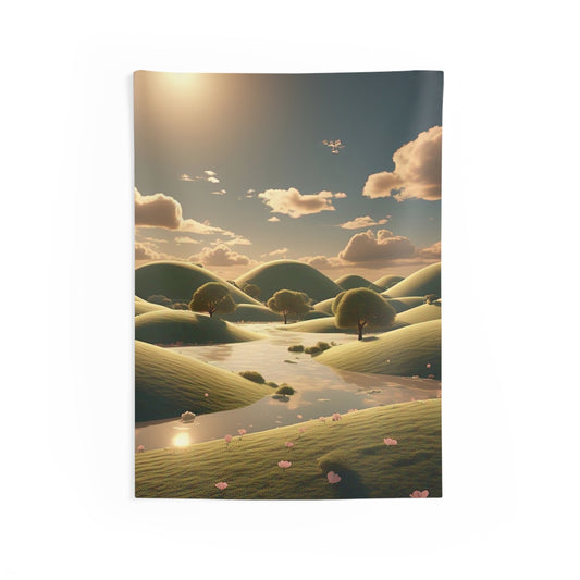 Scenic Hillside Tapestry — Serene Sunset Landscape Wall Art