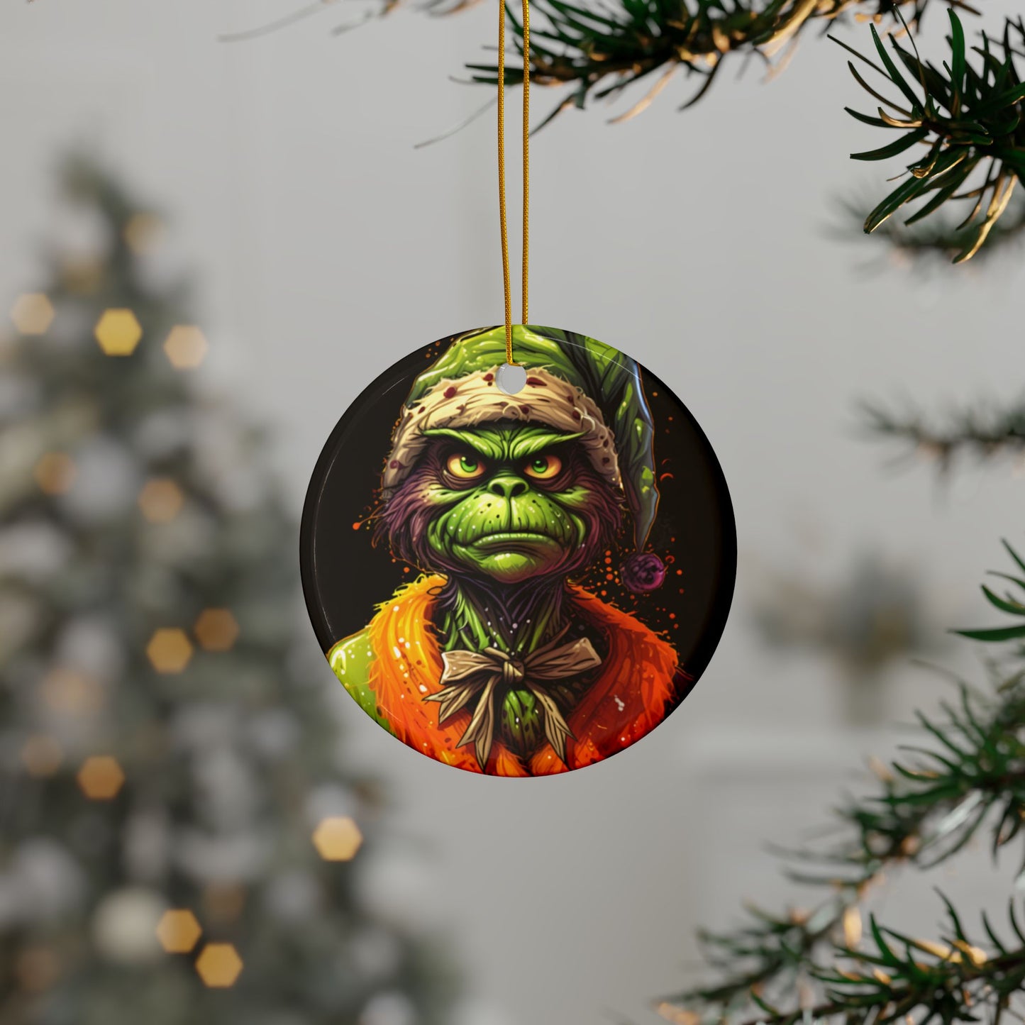 Grinch-Inspired Ceramic Ornament — Double-Sided Holiday Decoration