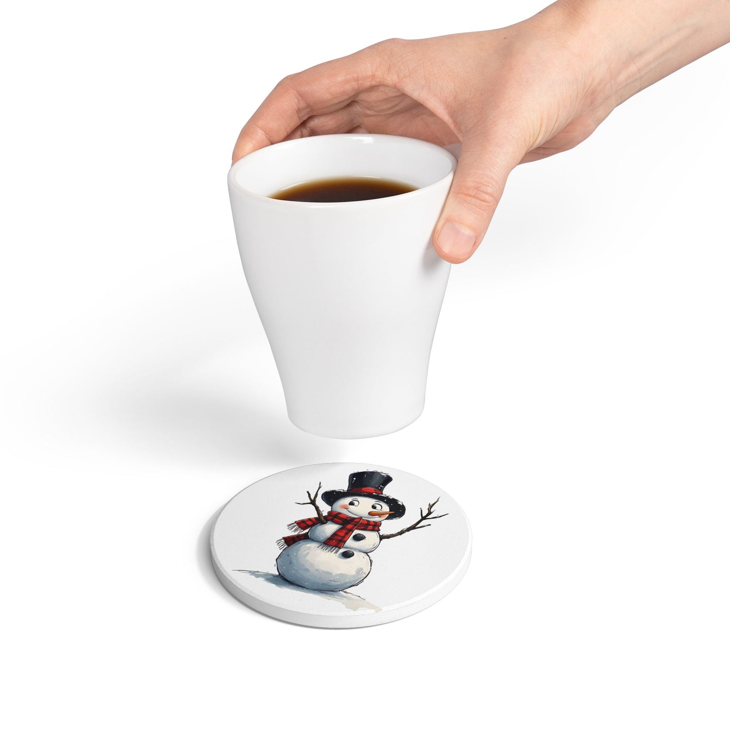 Winter Snowman Ceramic Coaster — Cute Hand-Drawn Snowman Holiday Drink Coaster