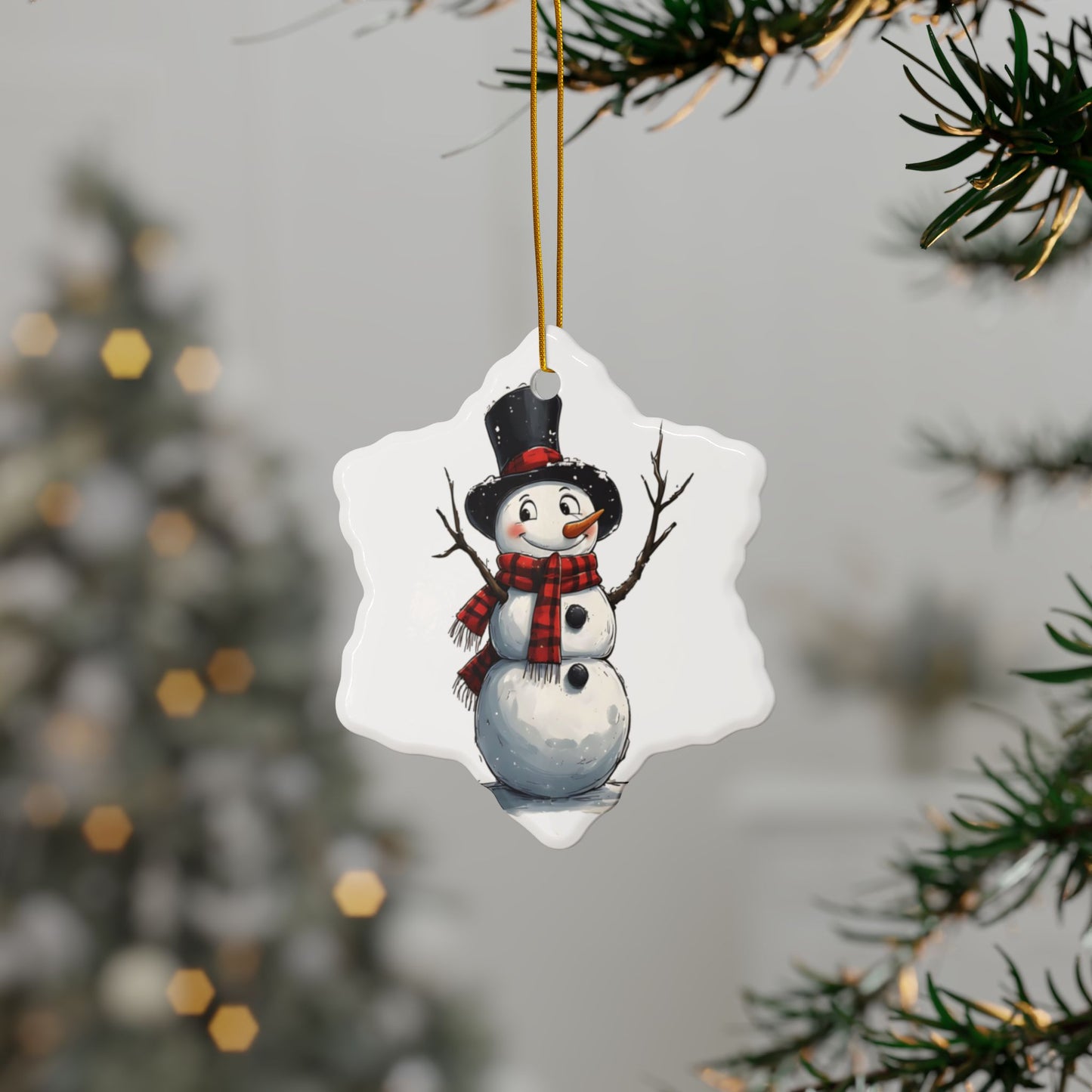 Snowman Ceramic Ornament — Cute 2-Sided Christmas Tree Decoration