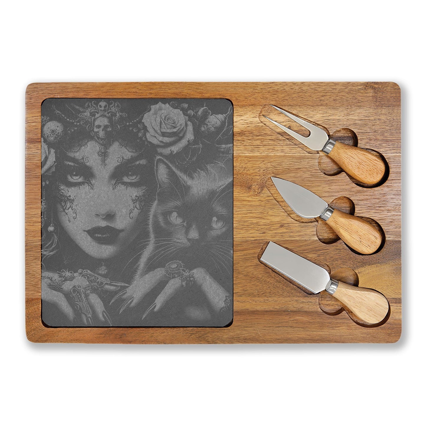 Engraved Bamboo Charcuterie Board with Gothic Woman & Cat Artwork