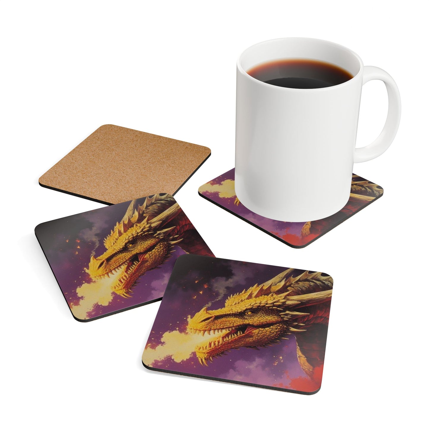 Dragon Fire Cork Coaster Set — Fantasy Dragon Head Drink Coasters (Set of 4)