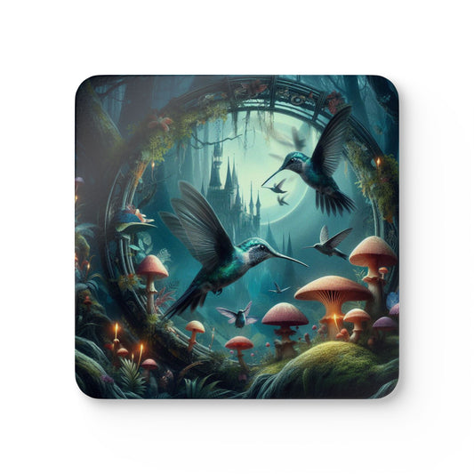 Enchanting Hummingbird Cork Coaster Set - Magical Forest Design