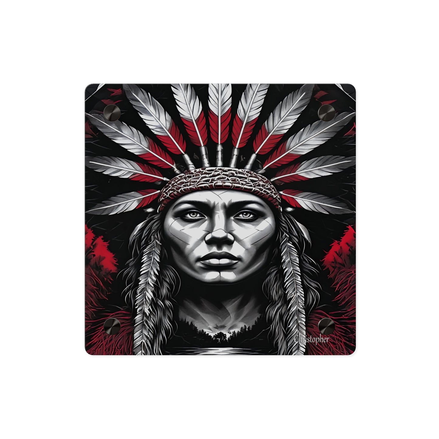 Acrylic Wall Art Panel — Bold Native Chief Portrait in Red & Black