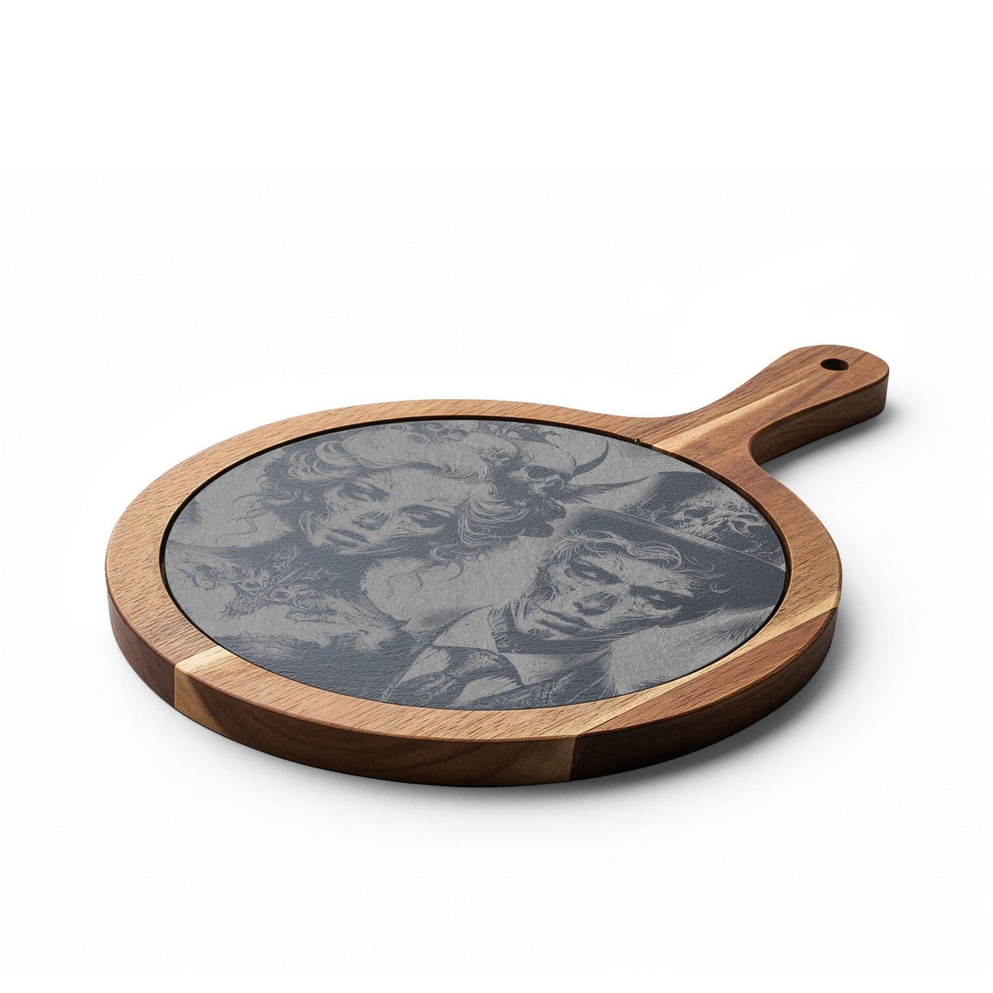Engraved Acacia Charcuterie Board with Gothic Couple Design