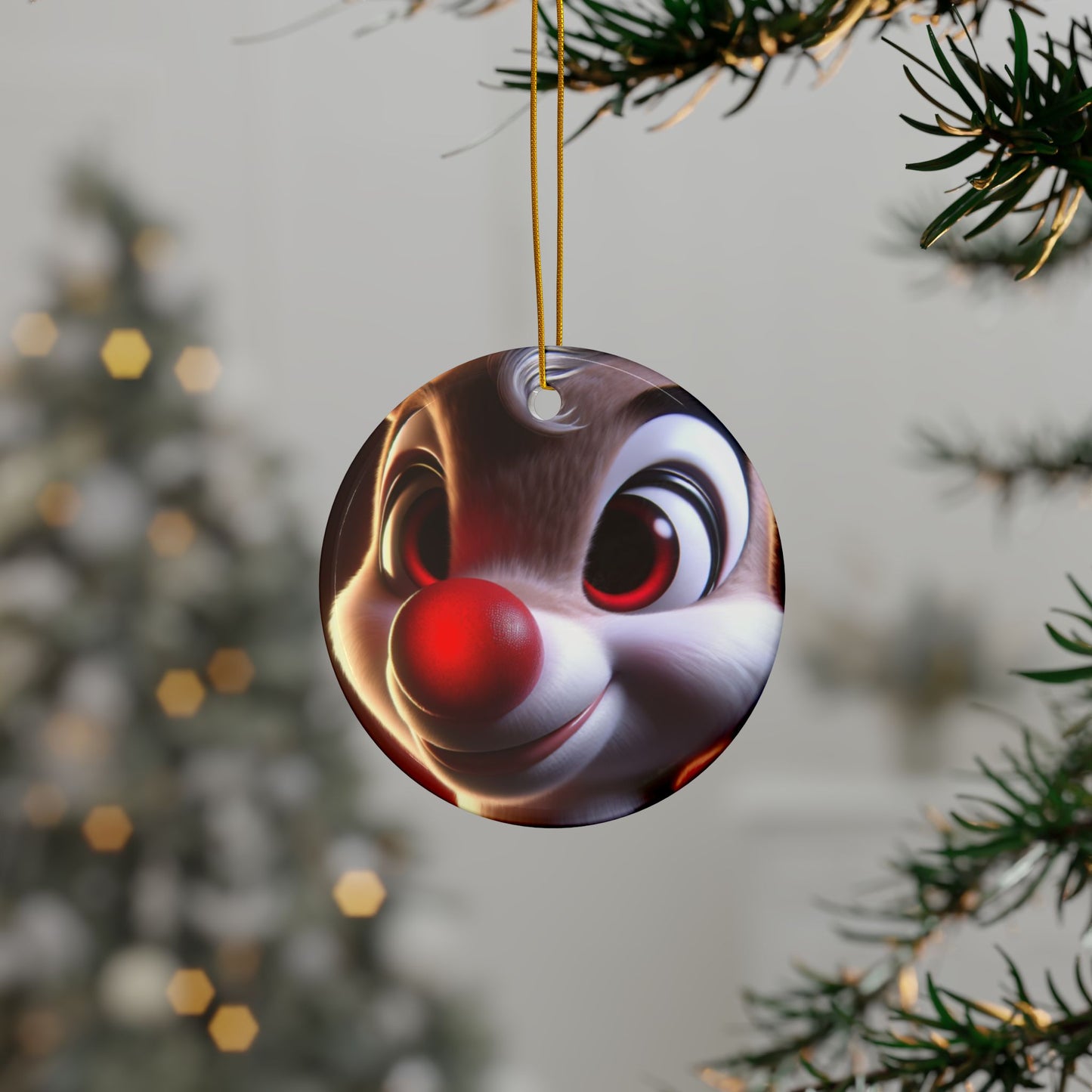 Rudolph Reindeer Ceramic Ornament — Round Double-Sided Holiday Decor