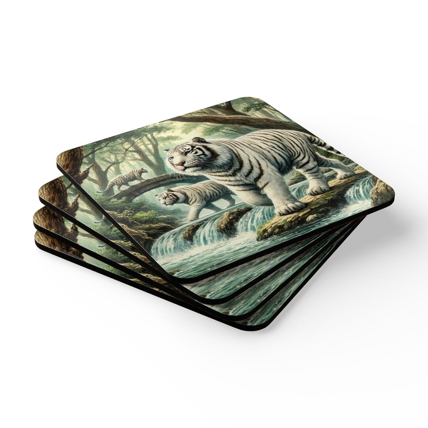 White Tiger Cork Coaster Set - Nature Theme, Rustic Home Decor, Animal Lovers Gift, Eco-Friendly Coasters, Wildlife Art