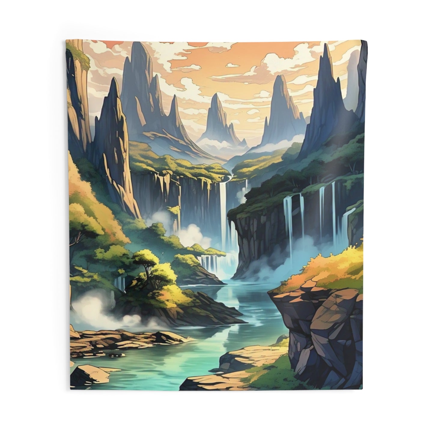 Scenic Fantasy Landscape Tapestry — Waterfall Valley Wall Hanging