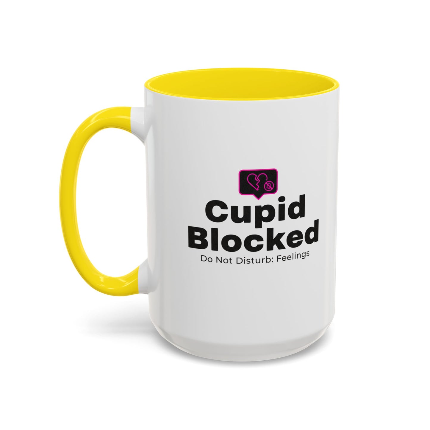 Cupid Blocked Accent Coffee Mug — 'Do Not Disturb: Feelings' Funny Anti-Valentine Gift