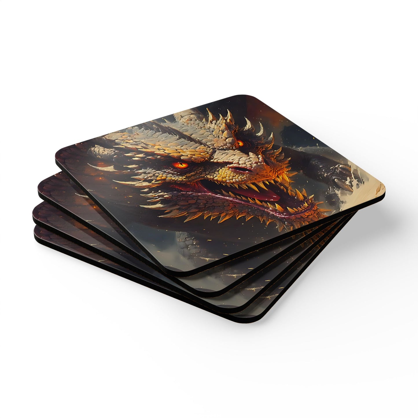 Dragon Cork Coaster Set — Fiery Red Dragon Art Drink Coasters (4-Pack)