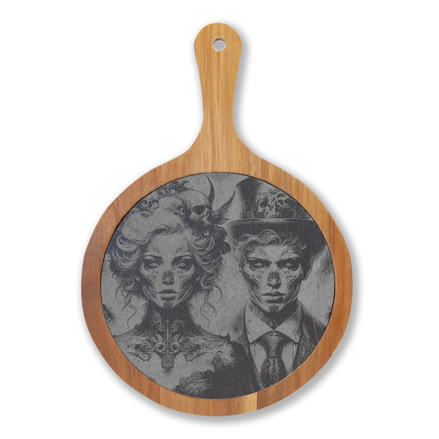 Engraved Acacia Charcuterie Board with Gothic Couple Design