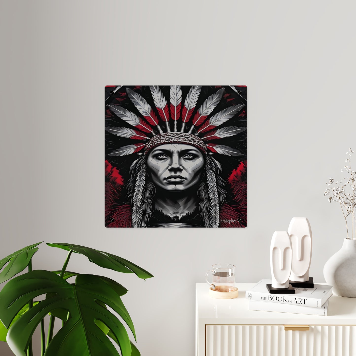 Acrylic Wall Art Panel — Bold Native Chief Portrait in Red & Black