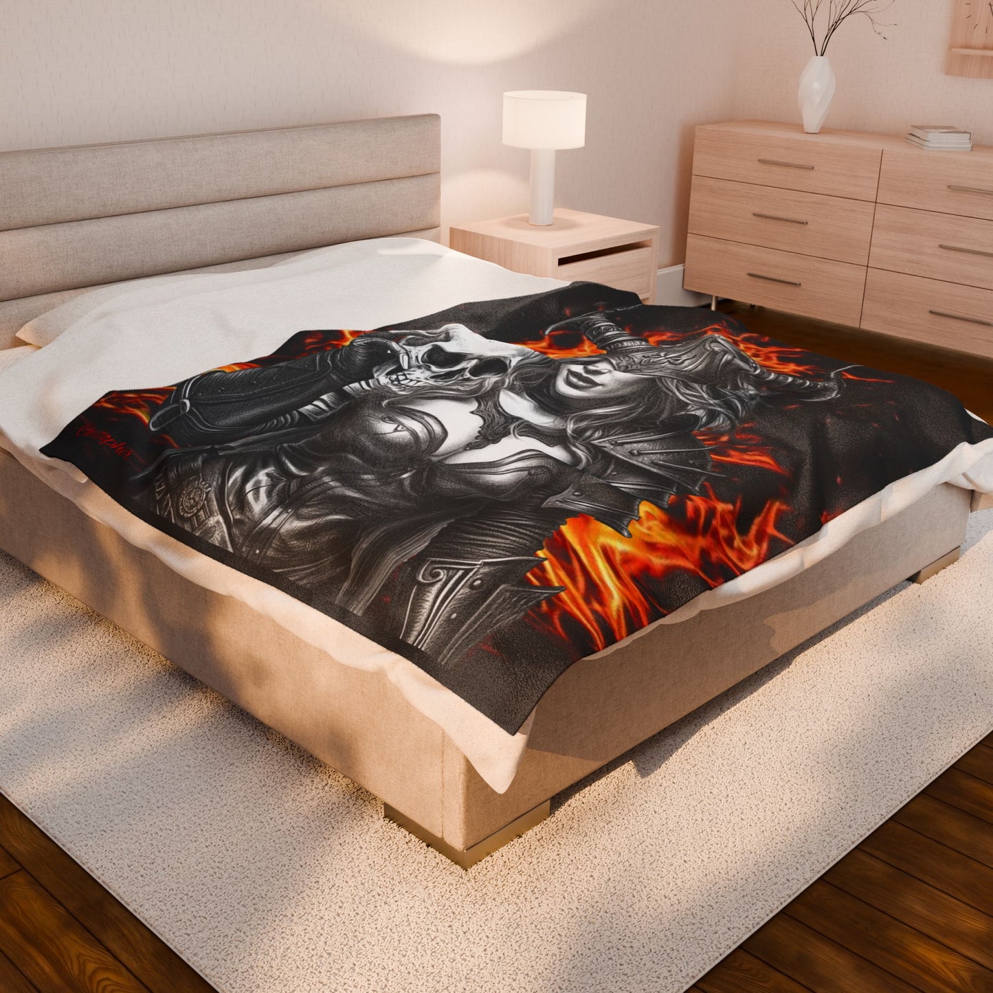 Valkyrie Skull Velvet Plush Blanket — Fiery Gothic Throw for Fantasy & Viking Fans