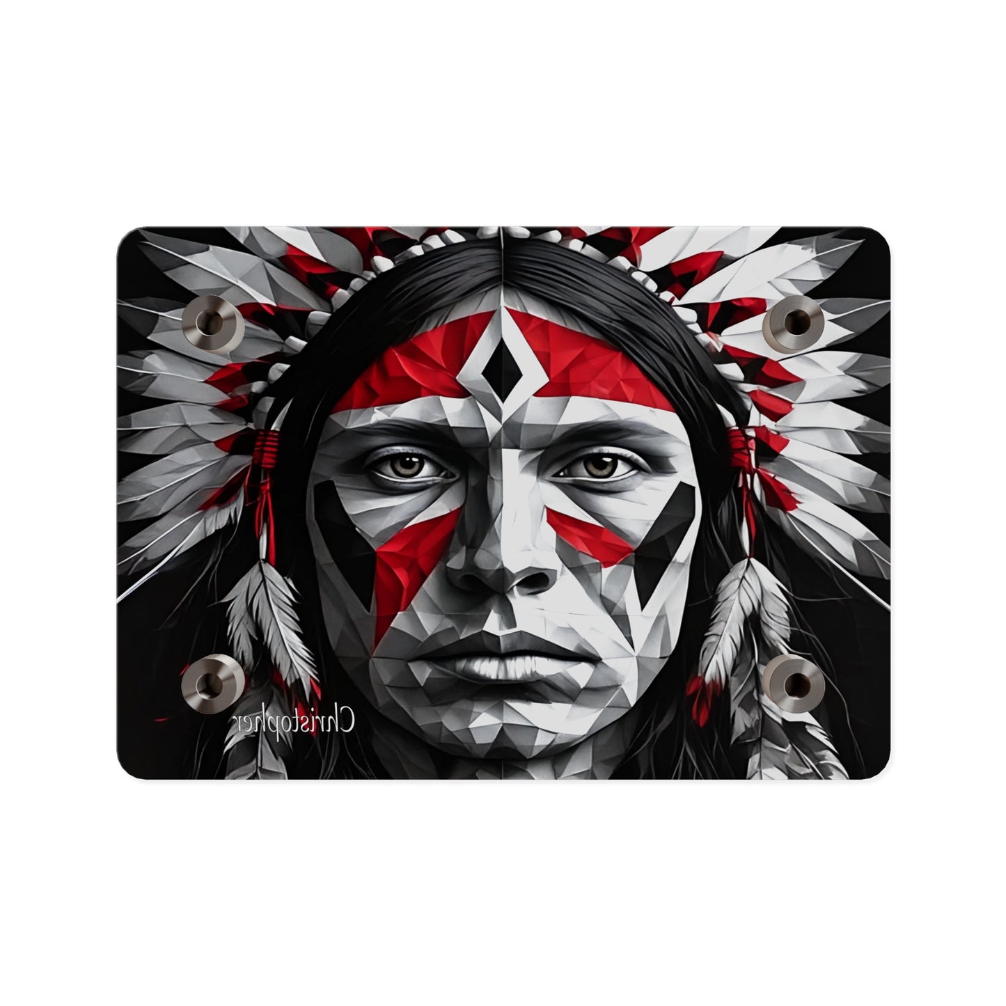 Acrylic Wall Art Panel — Geometric Indigenous Warrior Portrait (Red & Black)