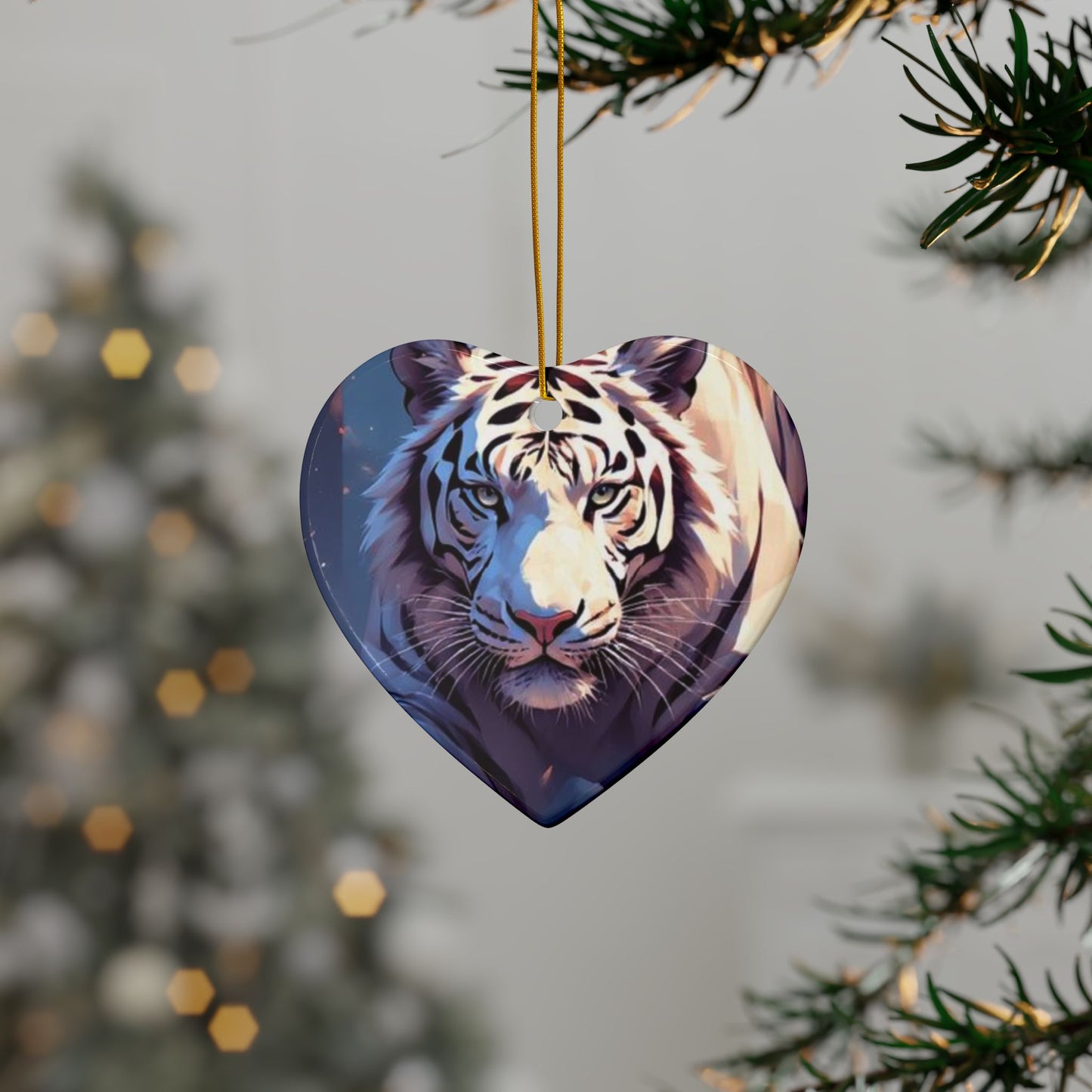 White Tiger Ceramic Ornament — Double-Sided Wildlife Holiday Decoration
