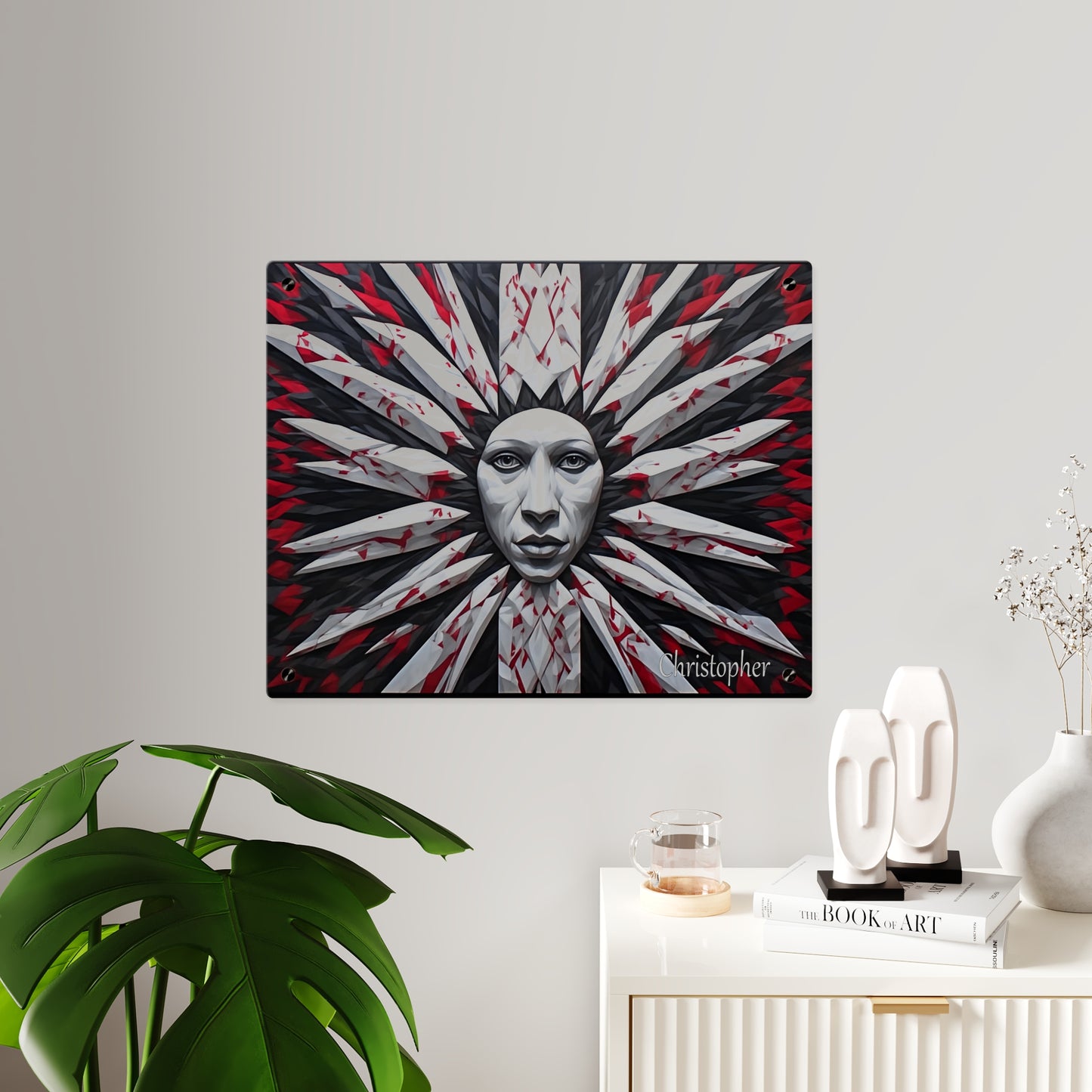 Acrylic Wall Art Panel — Surreal Sunburst Face with Red & Black Feather Design