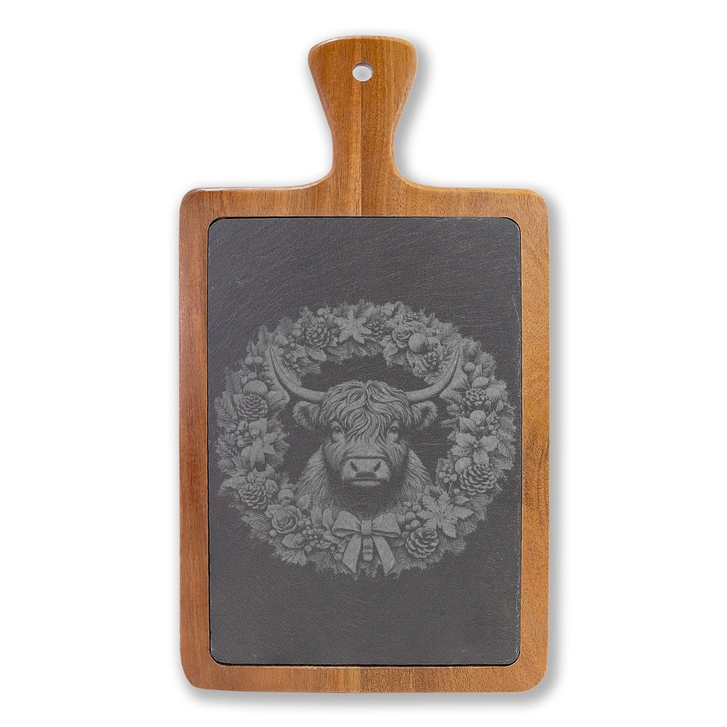 Engraved Wooden Charcuterie Board with Highland Cow Slate Inlay — Cheese Knife Set
