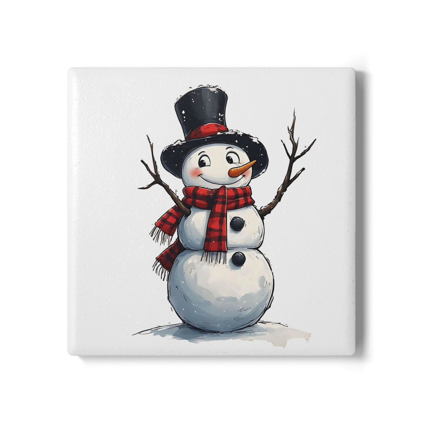 Winter Snowman Ceramic Coaster — Cute Hand-Drawn Snowman Holiday Drink Coaster