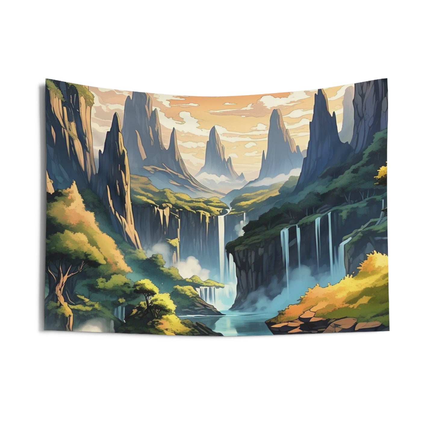 Scenic Fantasy Landscape Tapestry — Waterfall Valley Wall Hanging