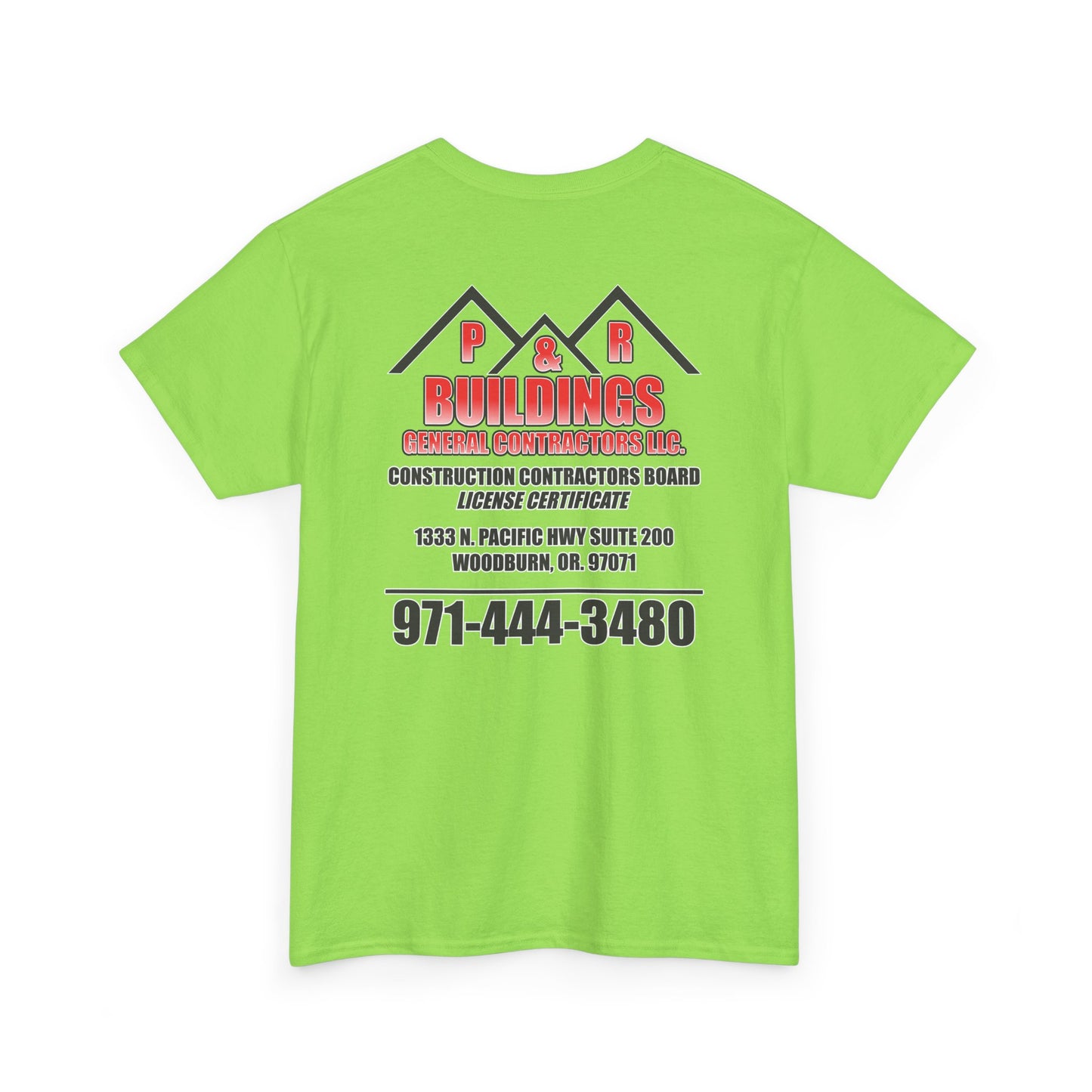 P&R BUILDINGS Logo Tee — Built Kings Contractor T‑Shirt (Phone & License Info on Back)