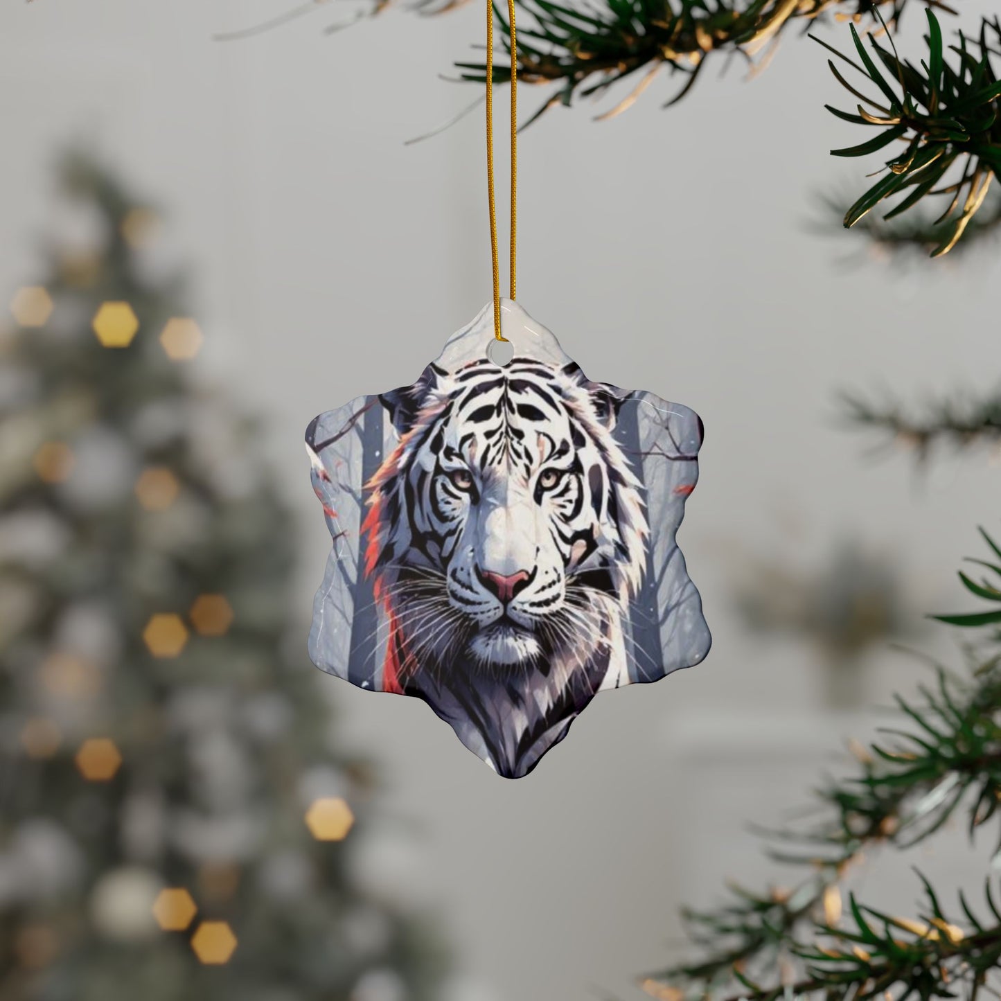 White Tiger Ceramic Ornament — Double-Sided Holiday Decoration