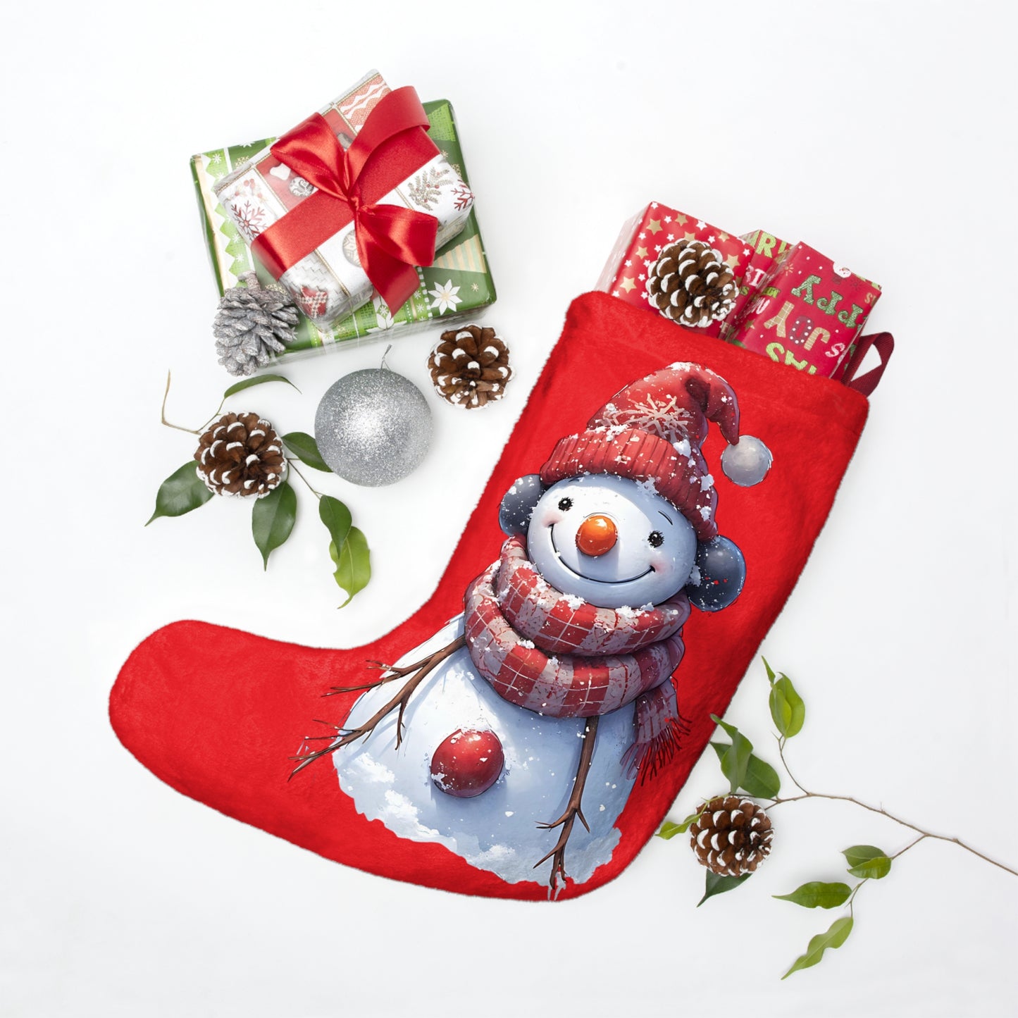 Red Snowman Christmas Stocking – Festive Holiday Mantel Decoration
