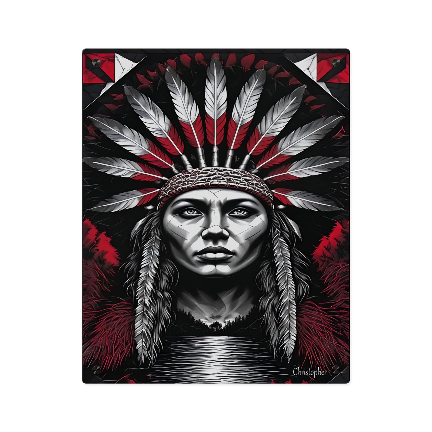 Acrylic Wall Art Panel — Bold Native Chief Portrait in Red & Black