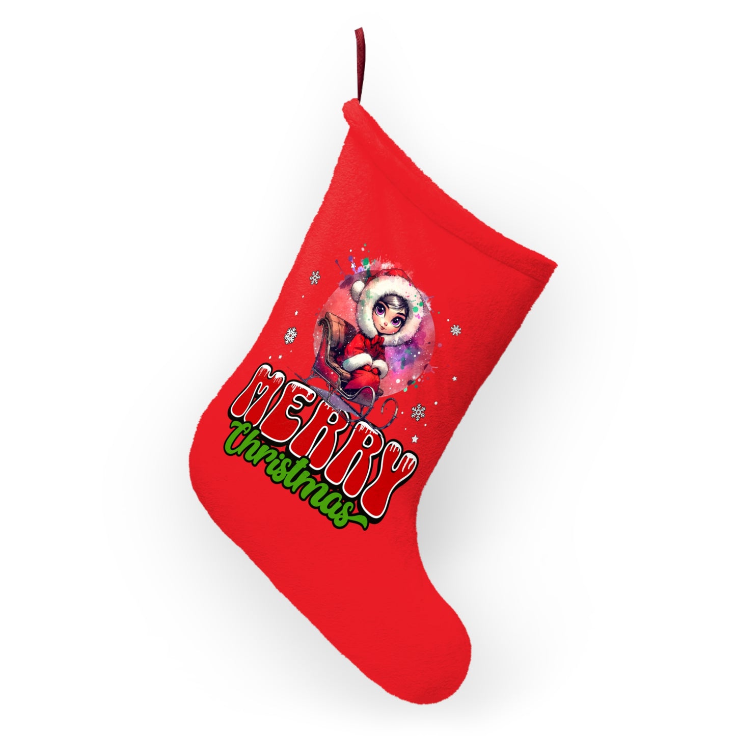 Red Christmas Stocking with Cute Santa Girl Illustration — "Merry Christmas" Holiday Stocking