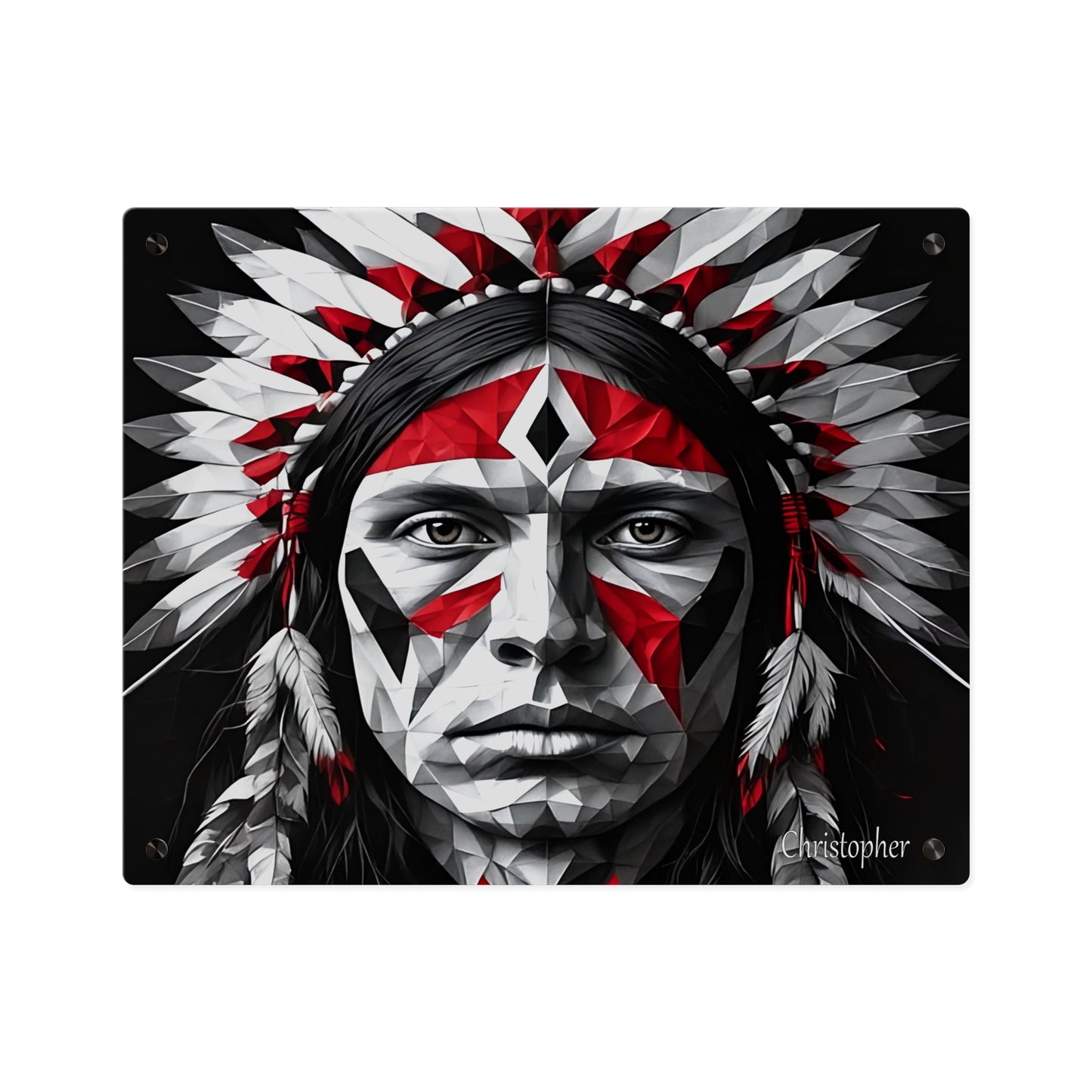 Acrylic Wall Art Panel — Geometric Indigenous Warrior Portrait (Red & Black)