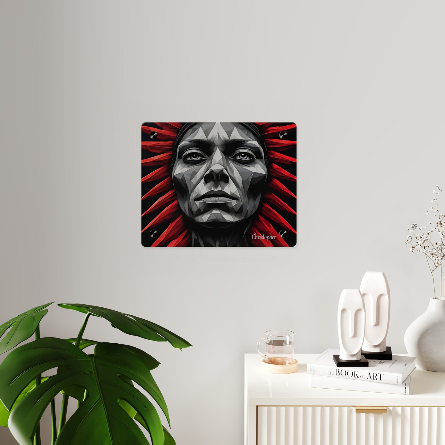Acrylic Wall Art Panel — Geometric Tribal Face with Red Feather Headdress