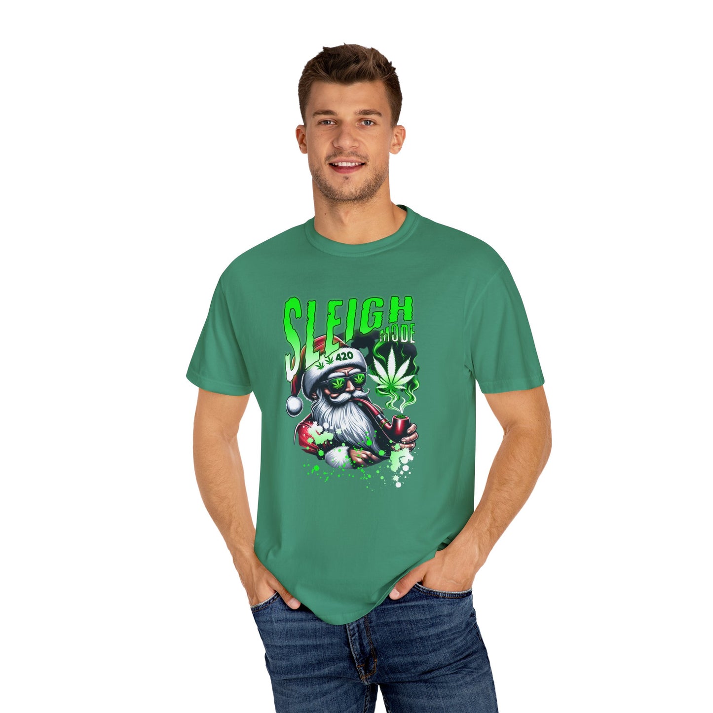 Sleigh Joe Graphic Tee, Unisex Holiday T-Shirt, Funny Christmas Shirt, Cannabis Santa Gift, Unique Tee for Parties