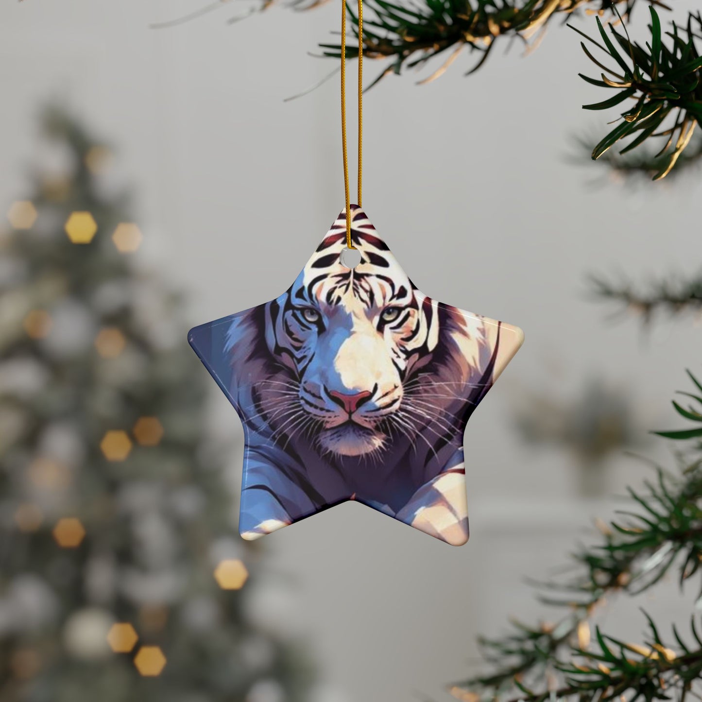 White Tiger Ceramic Ornament — Double-Sided Wildlife Holiday Decoration
