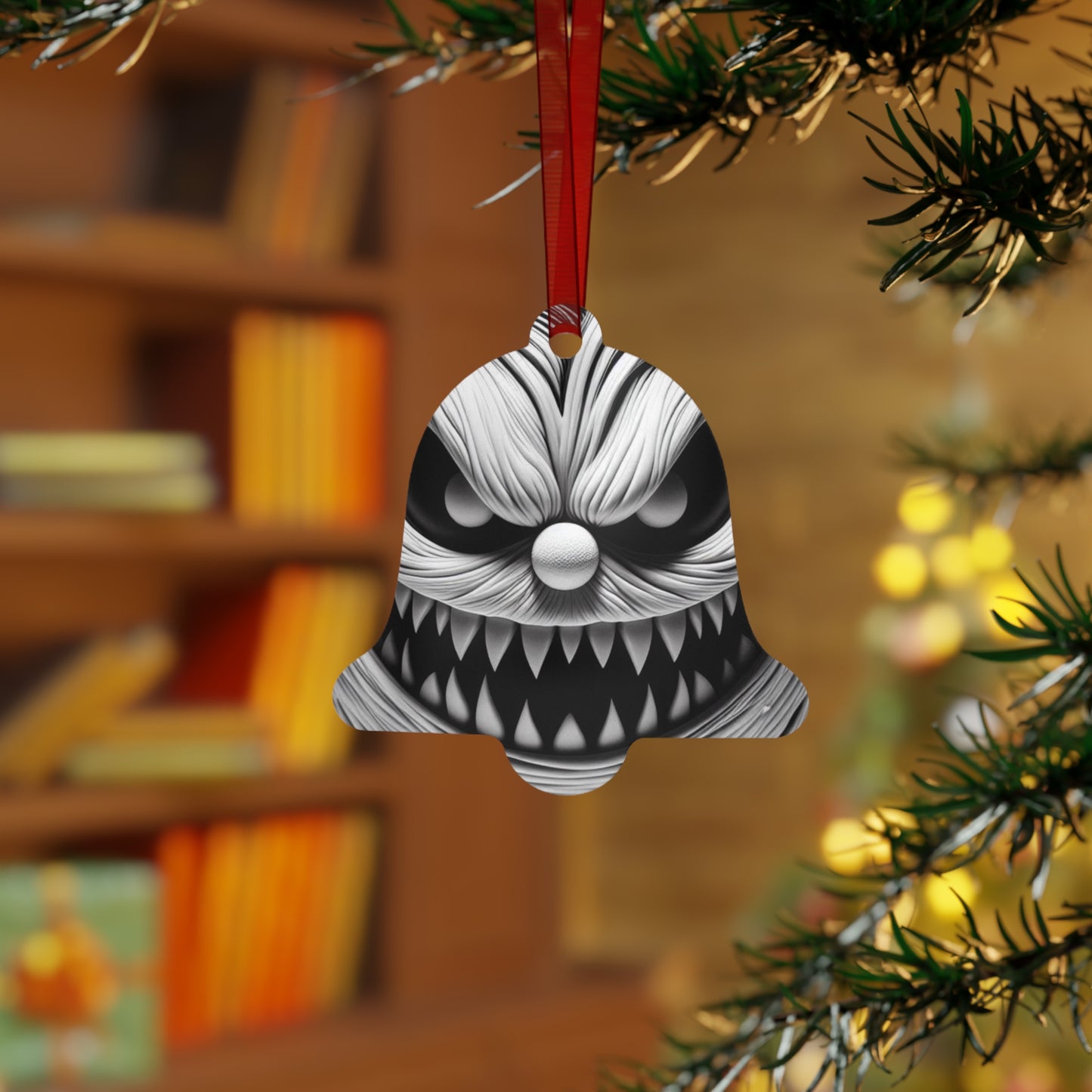 Scary Monster Bell Metal Ornament — Creepy Black & White Holiday Decor