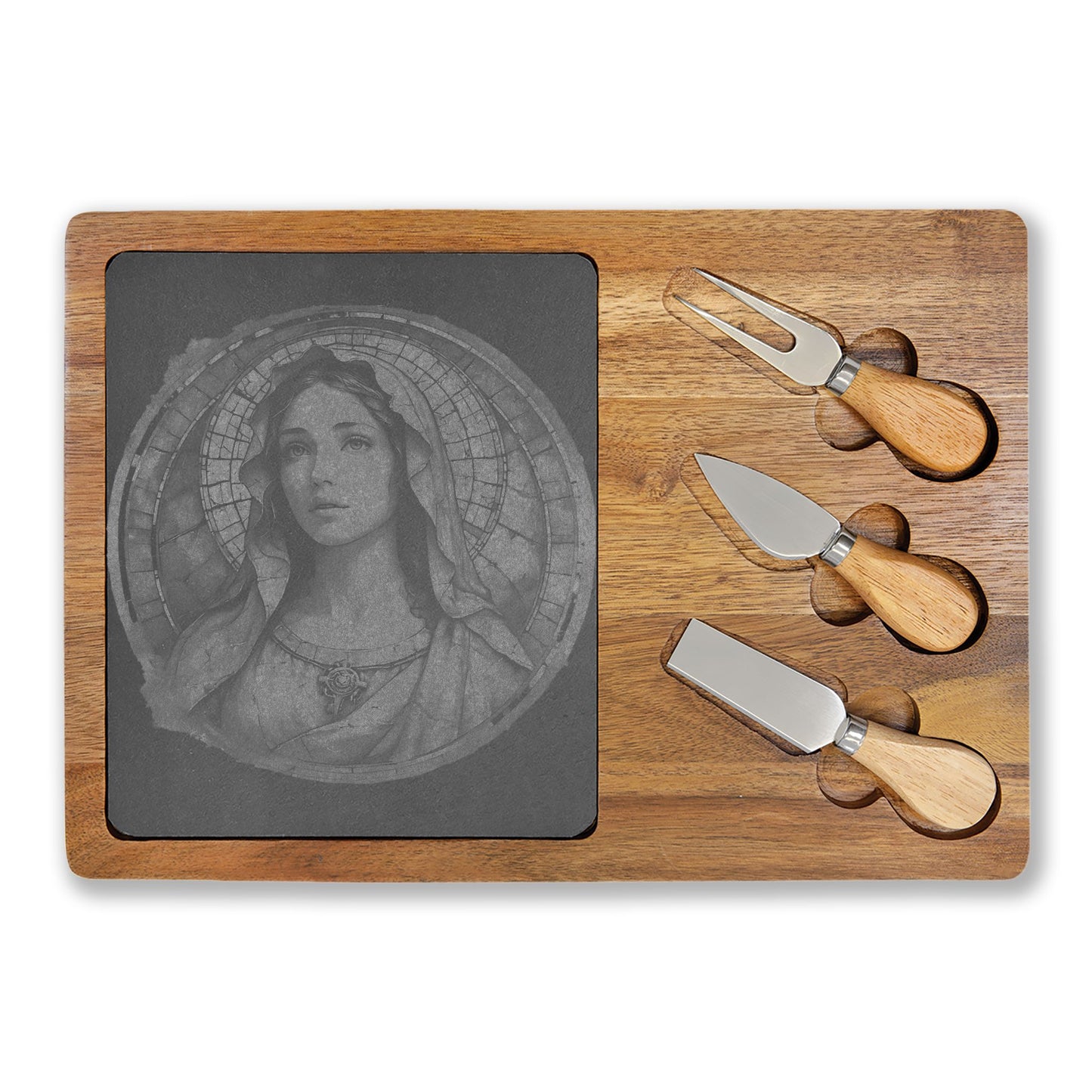 Engraved Bamboo Charcuterie Board Mary with Slate Round & Cheese Tools