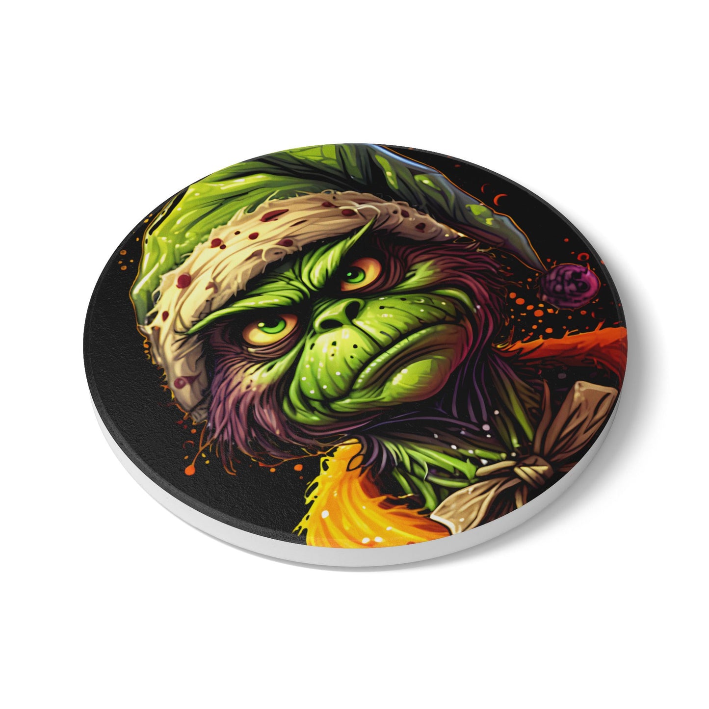 Grinch Horror Ceramic Coaster — Creepy Green Holiday Drink Mat
