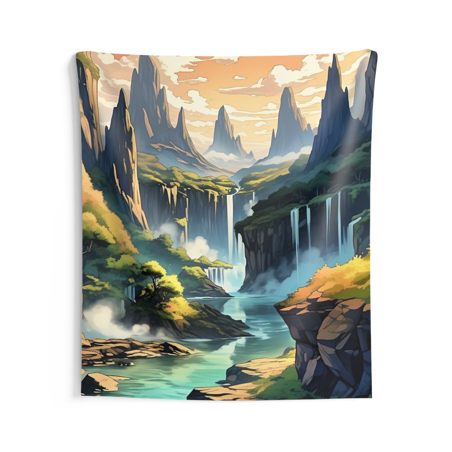 Scenic Fantasy Landscape Tapestry — Waterfall Valley Wall Hanging
