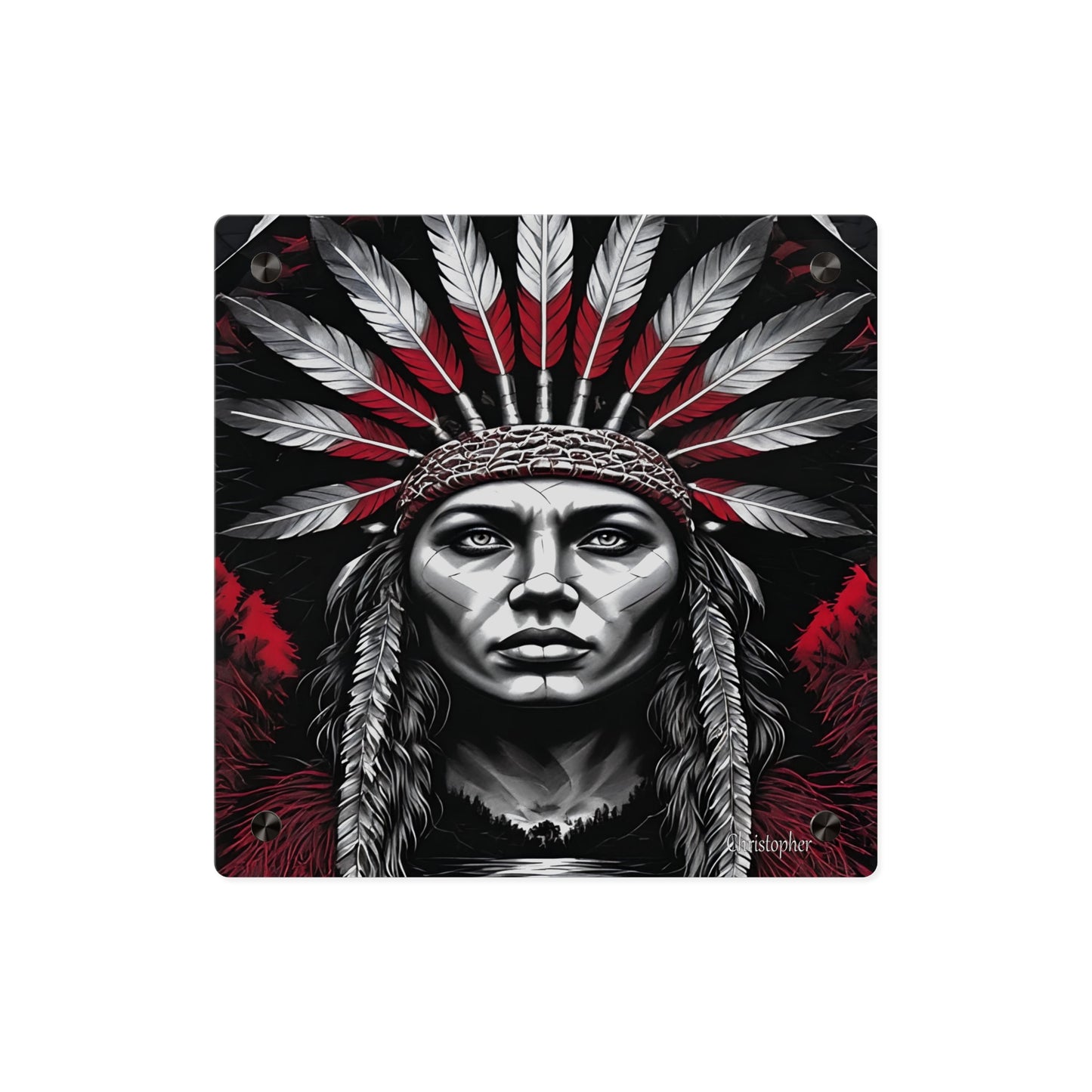 Acrylic Wall Art Panel — Bold Native Chief Portrait in Red & Black