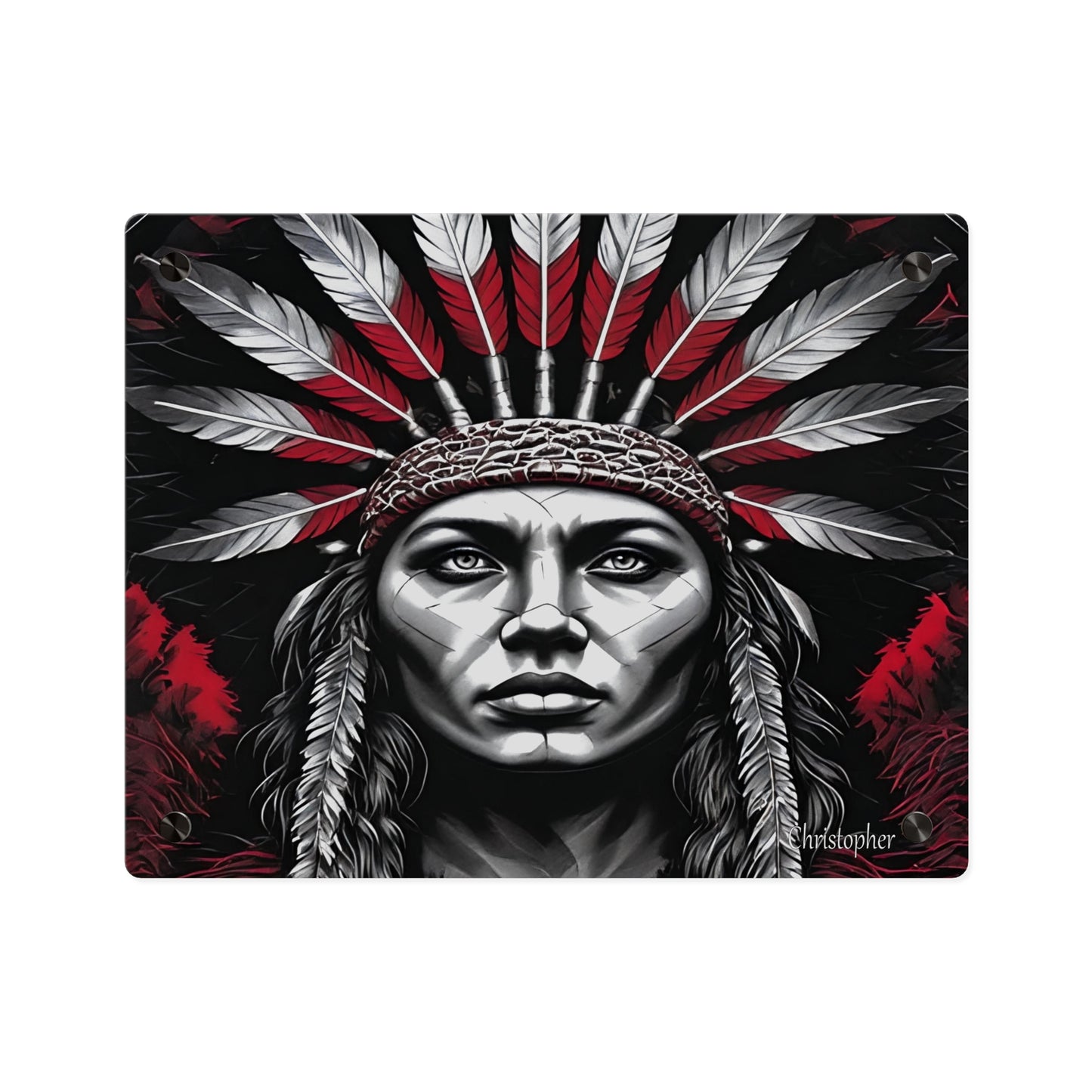 Acrylic Wall Art Panel — Bold Native Chief Portrait in Red & Black