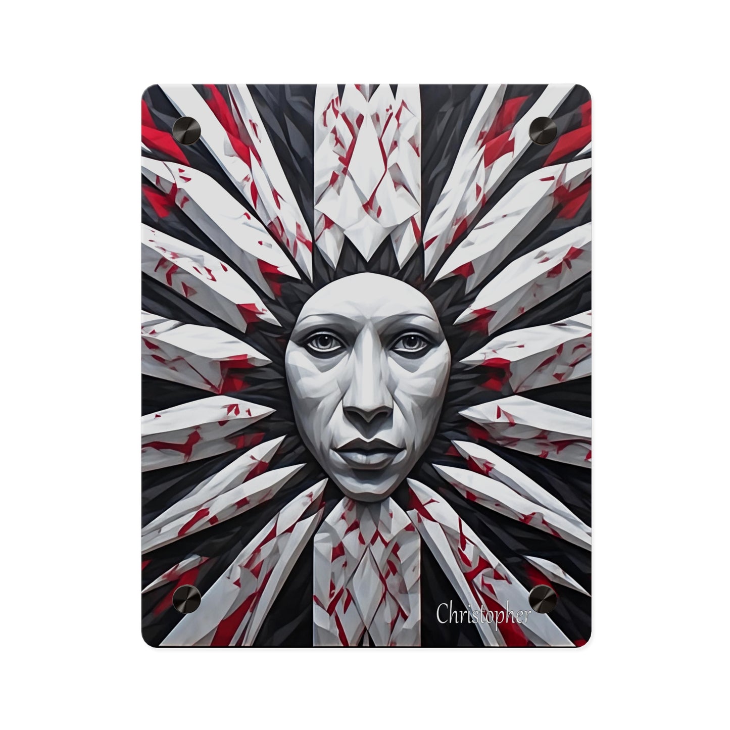Acrylic Wall Art Panel — Surreal Sunburst Face with Red & Black Feather Design