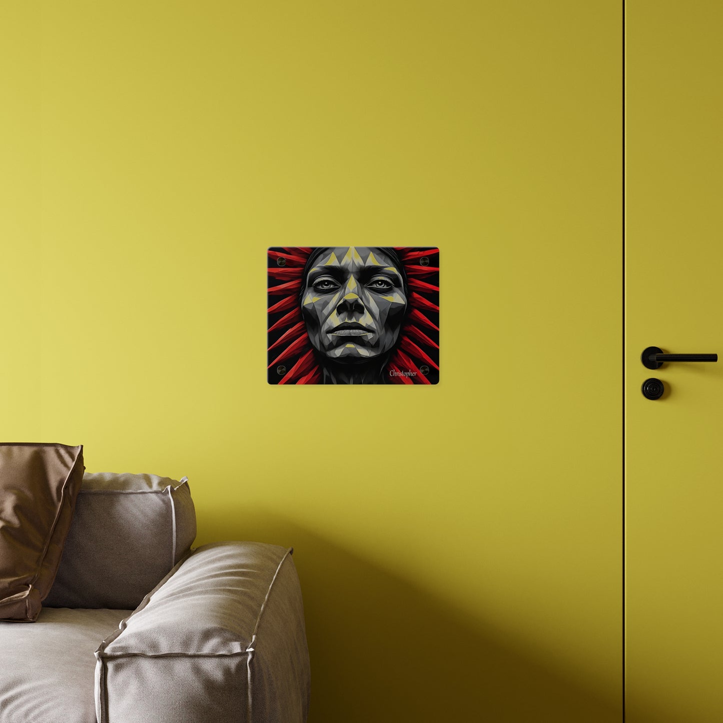 Acrylic Wall Art Panel — Geometric Tribal Face with Red Feather Headdress