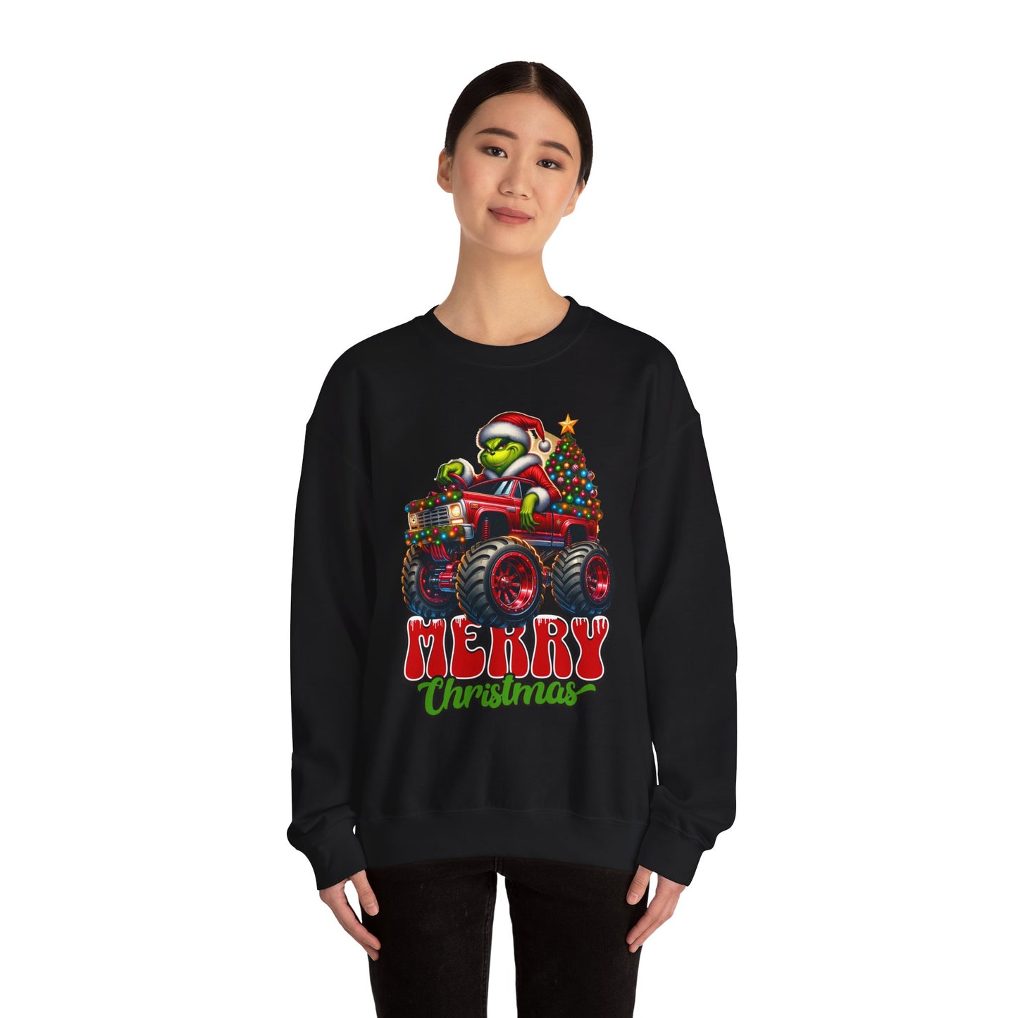 Christmas Monster Truck Sweatshirt — 'Merry Christmas' Grinch Driver Design