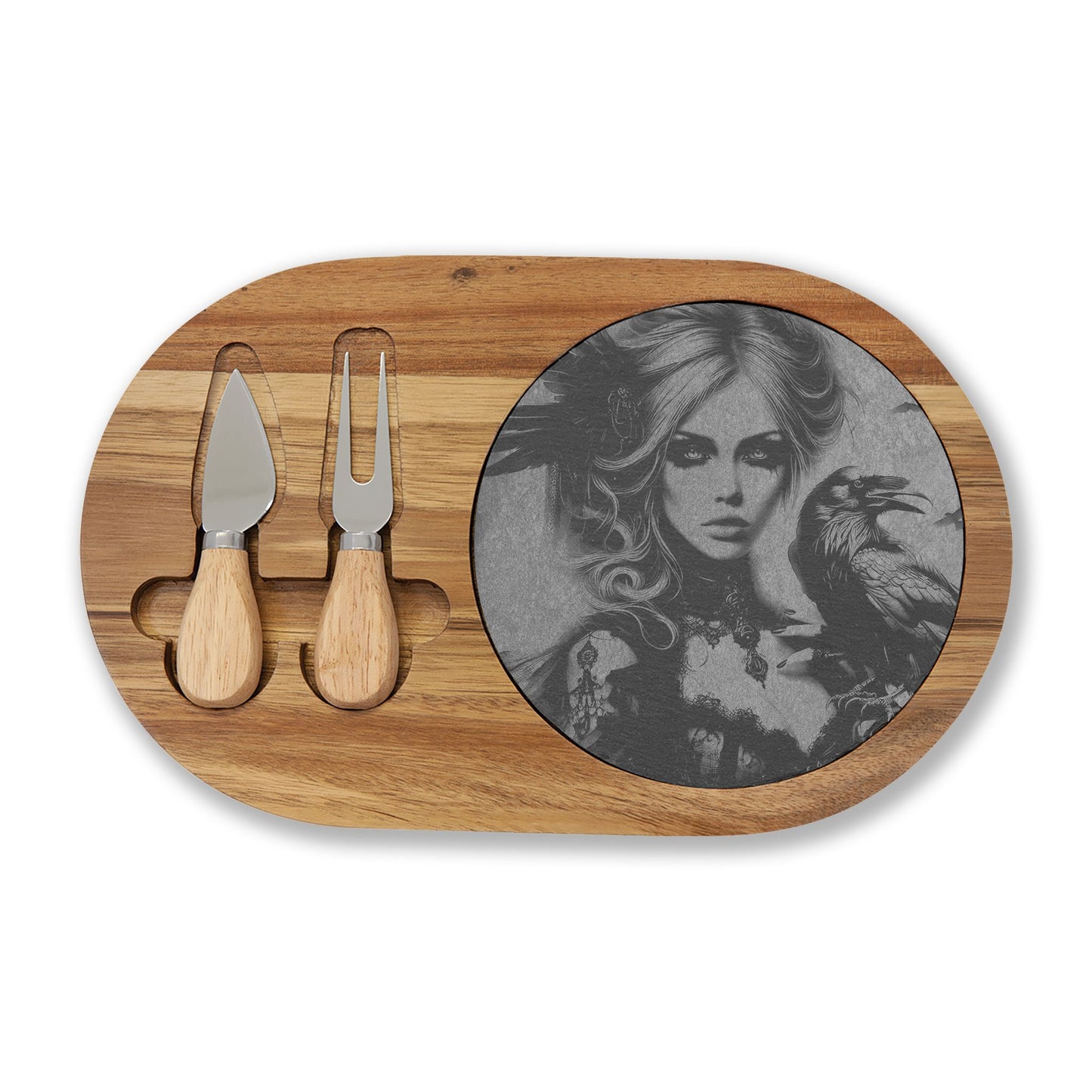 Engraved Acacia Charcuterie Board with Cheese Knives — Gothic Portrait Design