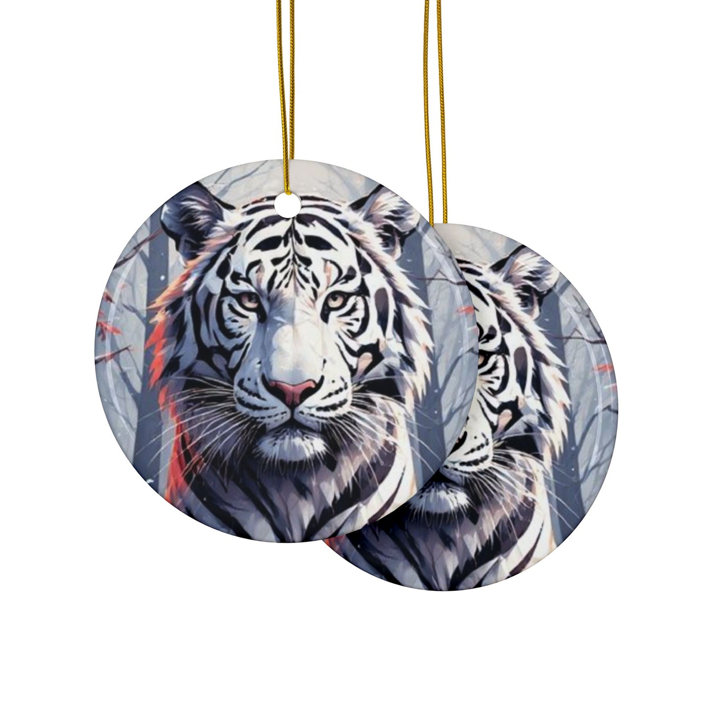 White Tiger Ceramic Ornament — Double-Sided Holiday Decoration